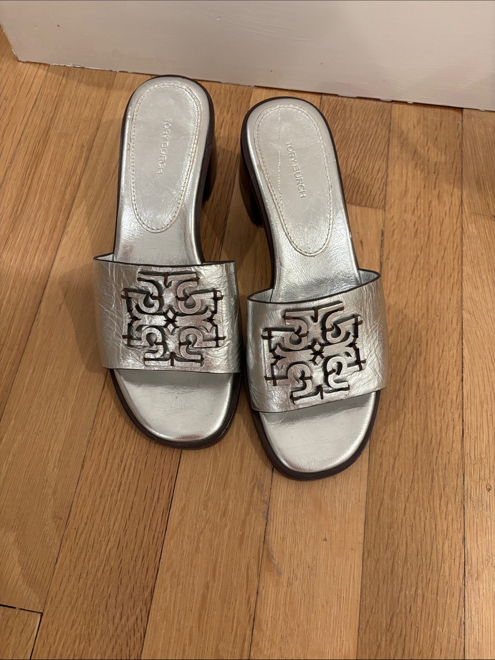 Tory Burch Metallic Silver Logo Slide Mules